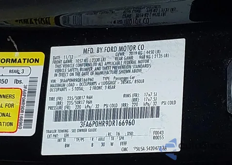 2013 Ford Fusion Se from USA, damaged, VIN 3FA6P0HR9DR166960